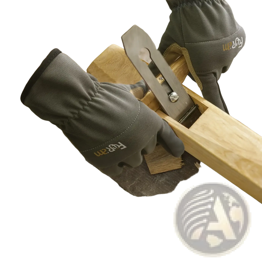 Gray touchscreen work gloves with reinforced stitching and branded logo visible on the back of each hand for men and women