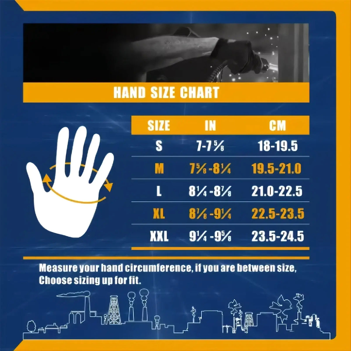 Hand size chart in inches and centimeters for touchscreen work gloves for men and women on blue background