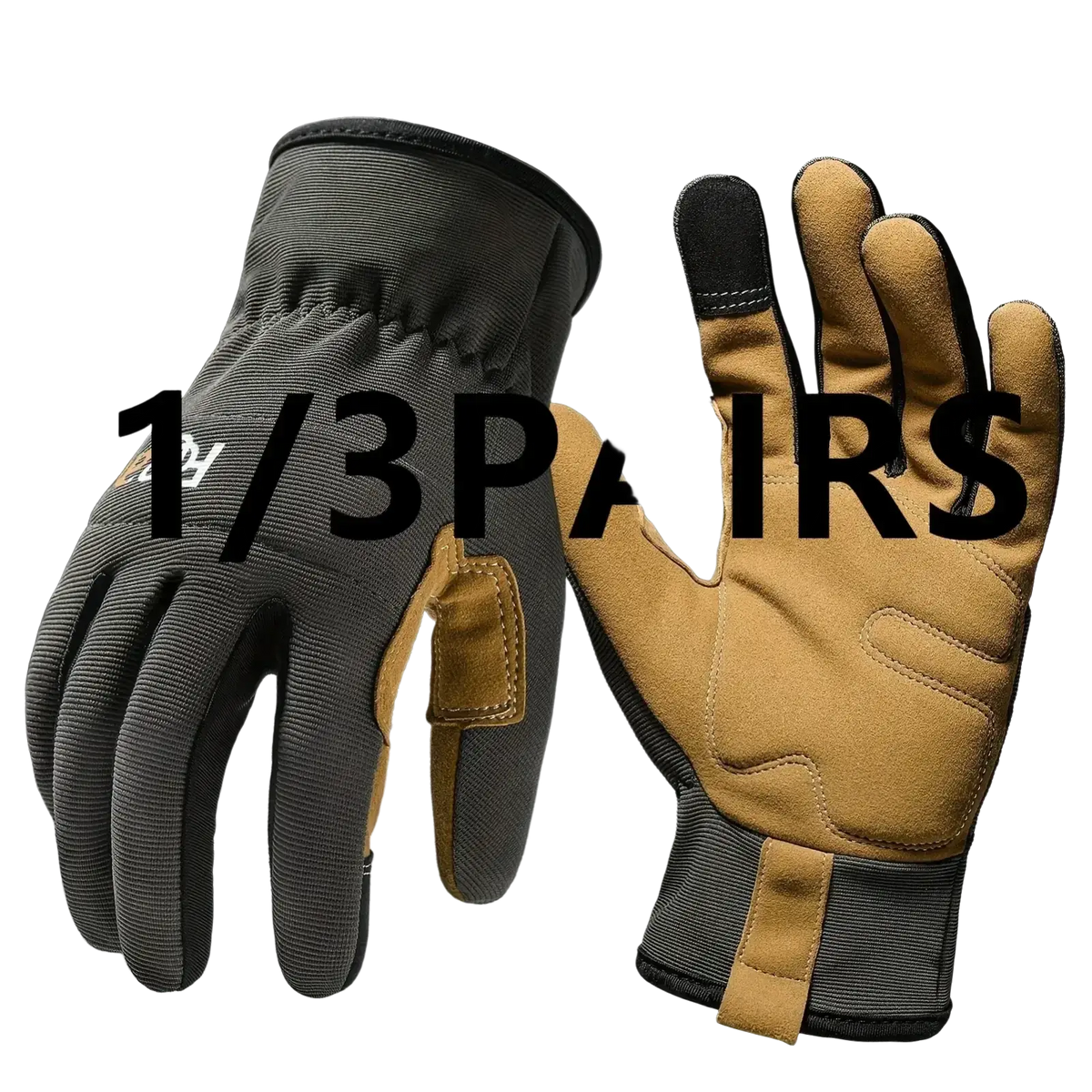 Tan and black touchscreen work gloves with reinforced palm patches and durable fabric construction for men and women