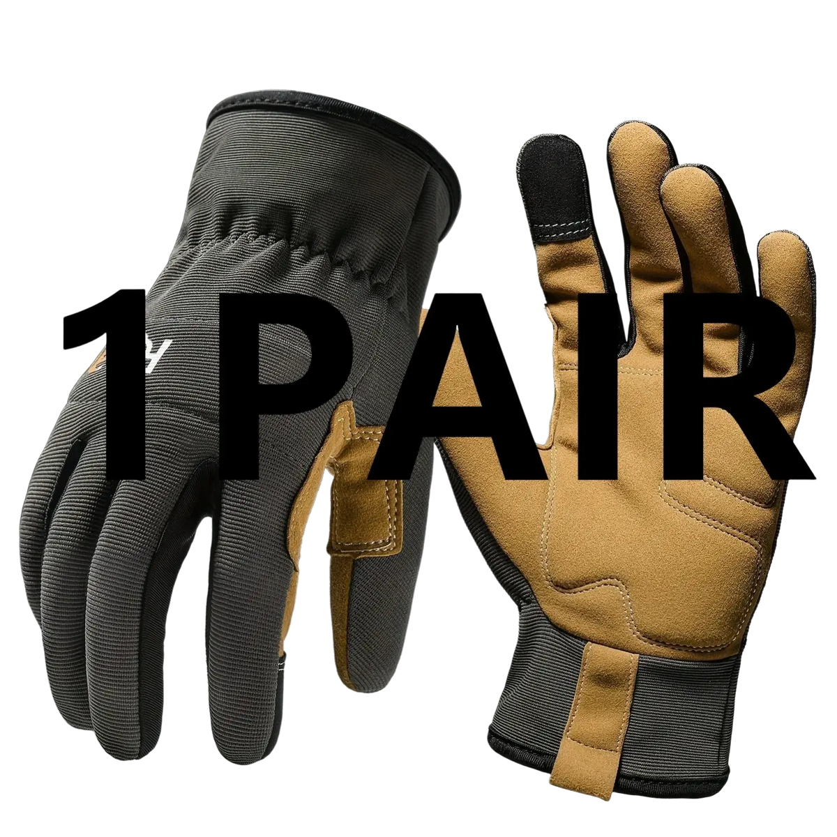 Tan and black touchscreen work gloves for men and women with reinforced stitching and durable fabric construction