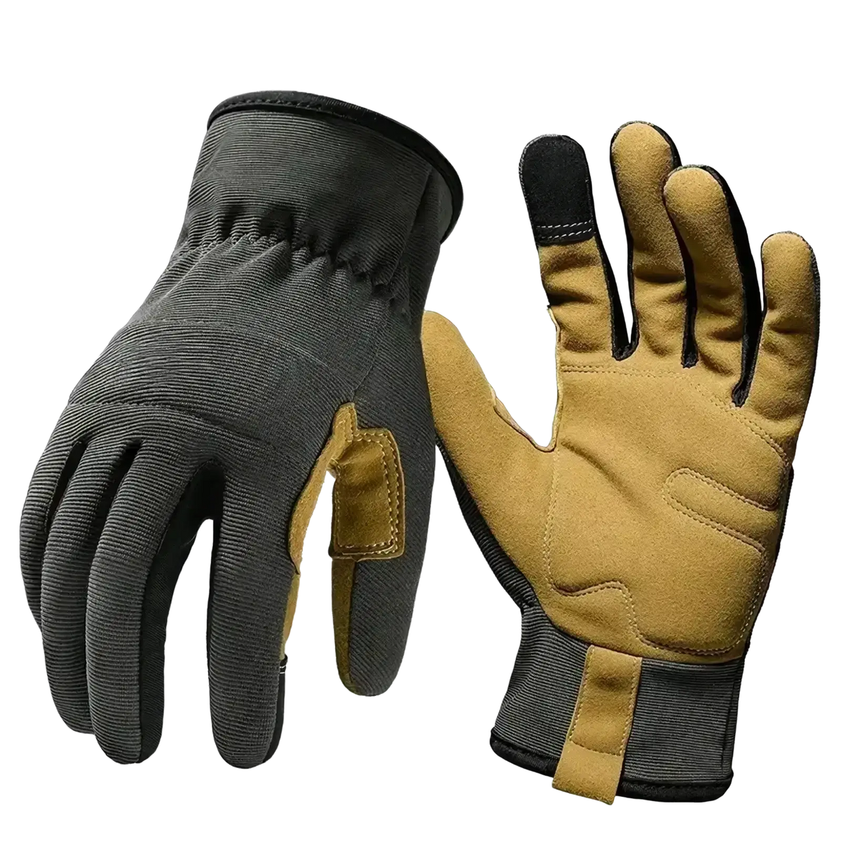 Tan and black touchscreen work gloves with reinforced palm patches and textured fabric for men and women