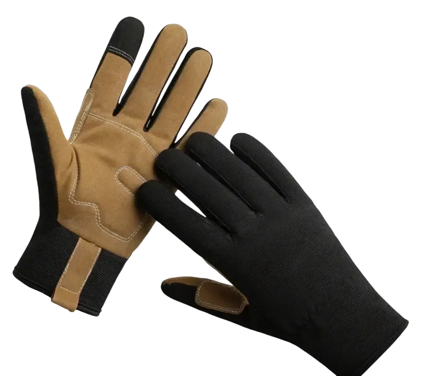 Tan and black touchscreen work gloves with reinforced palm patches designed for men and women in durable material