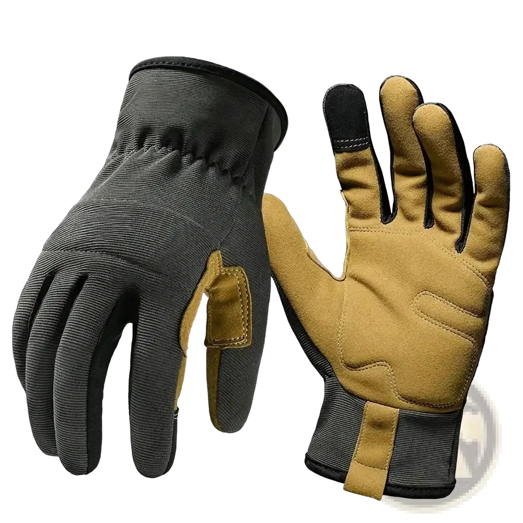 Tan and black touchscreen work gloves with reinforced palm patches and durable textured fabric for men and women