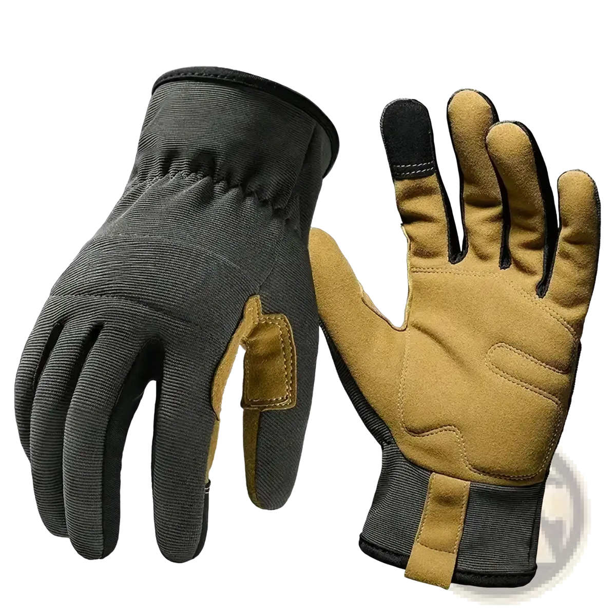 Tan and black touchscreen work gloves with reinforced palm patches and durable textured fabric for men and women