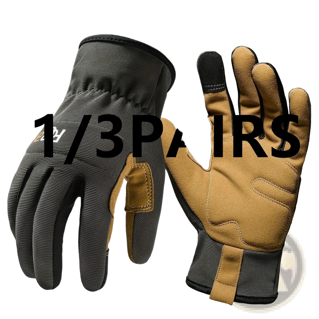 Tan and black touchscreen work gloves with reinforced palm patches and snug wrist strap for men and women