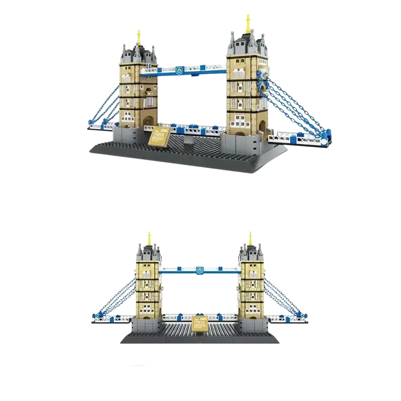 Detailed beige and blue plastic tower bridge building brick architecture model made of 969 pieces