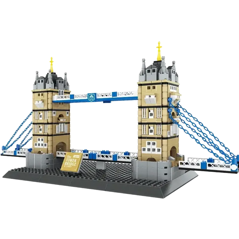 A detailed beige and blue tower bridge building brick architecture model with gold-topped towers and chain-link suspension