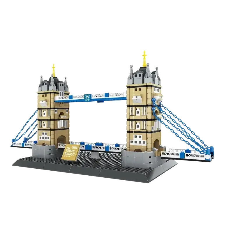 Tower bridge building brick architecture model featuring detailed tan and blue lego design with gold-topped towers and chain-link suspension