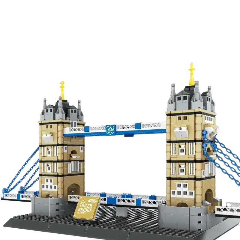 Tan and blue lego tower bridge building brick architecture model with gold-topped towers in classic british style