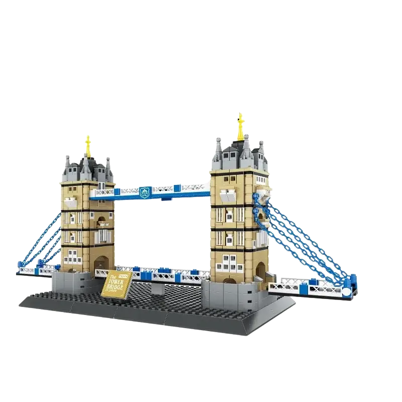 Tan and gray plastic tower bridge building brick architecture model with blue chains and golden spire