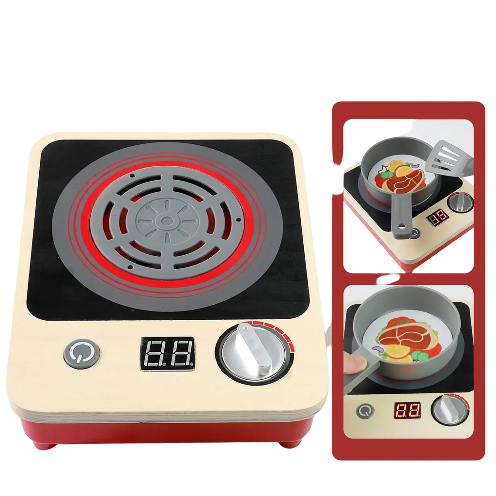 Cream-colored wooden toy induction cooker with black cooking surface red glowing heating element and silver knobs for pretend kitchen play