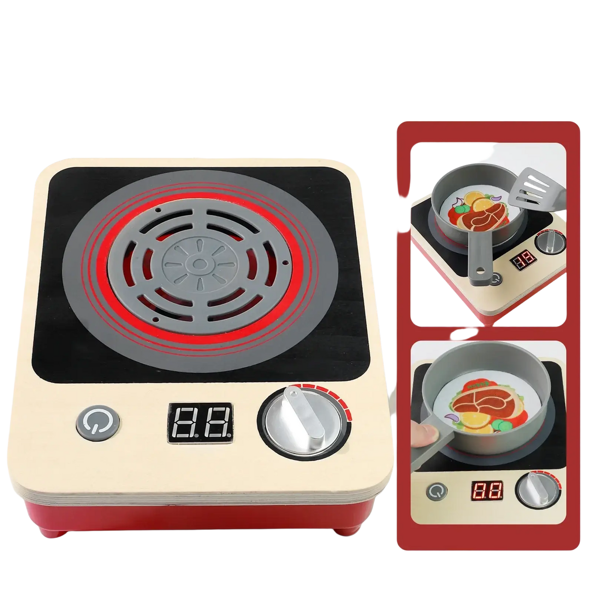 Cream-colored wooden toy induction cooker with black cooking surface red glowing heating element and silver knobs for pretend kitchen play