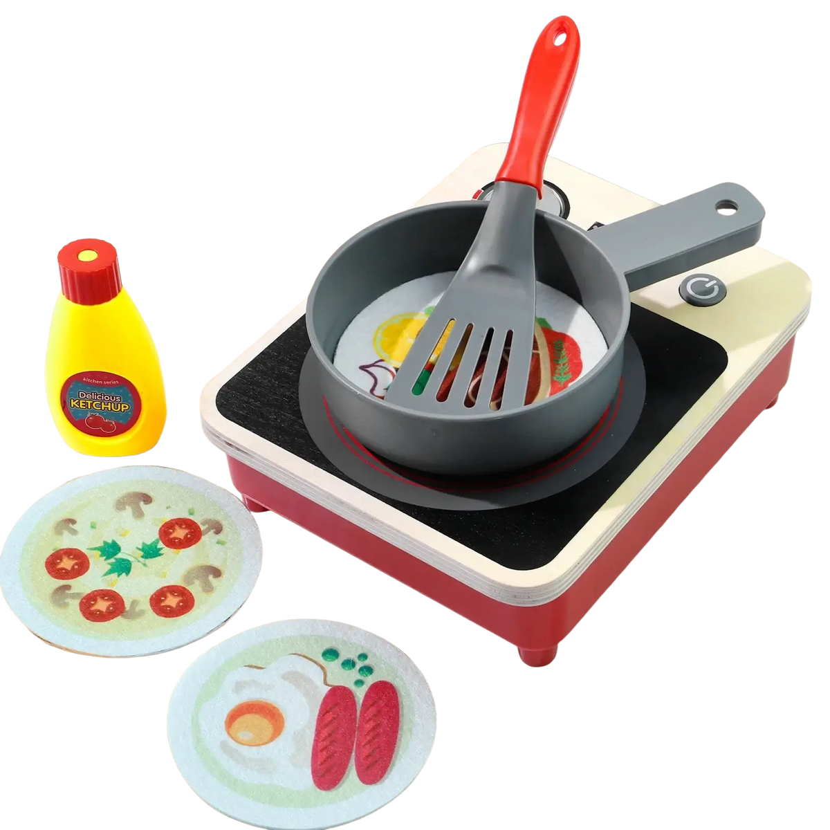Toy induction cooker wooden pretend kitchen play set with red and beige colors gray frying pan and red spatula