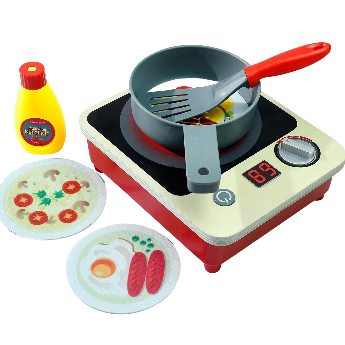 Red and cream wooden toy induction cooker kitchen play set with gray pot, red spatula, digital timer, and ketchup bottle