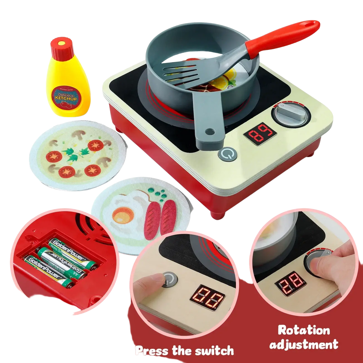 Toy induction cooker wooden pretend kitchen play set with red and cream electric stove, gray pot, red utensil, and digital display