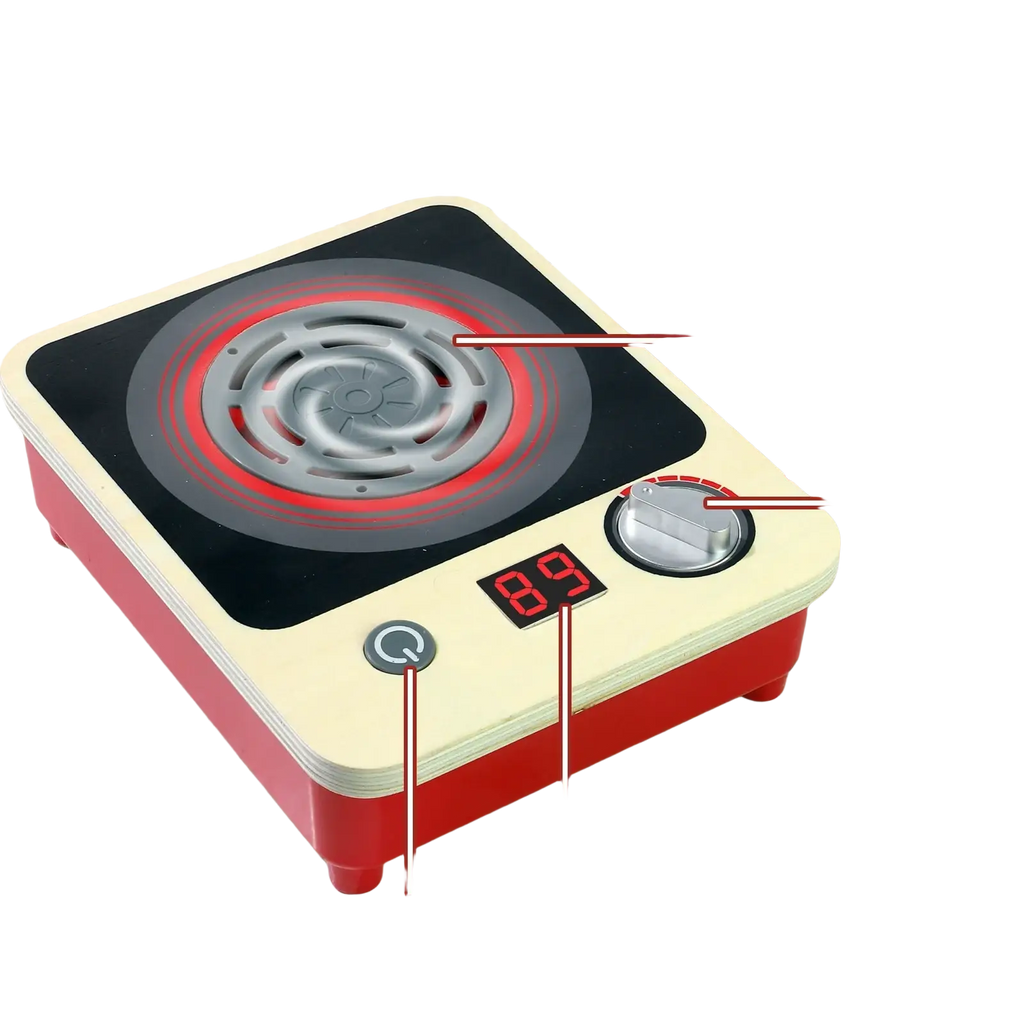 Toy induction cooker wooden pretend kitchen play set with red and cream colors and a black electric stove surface