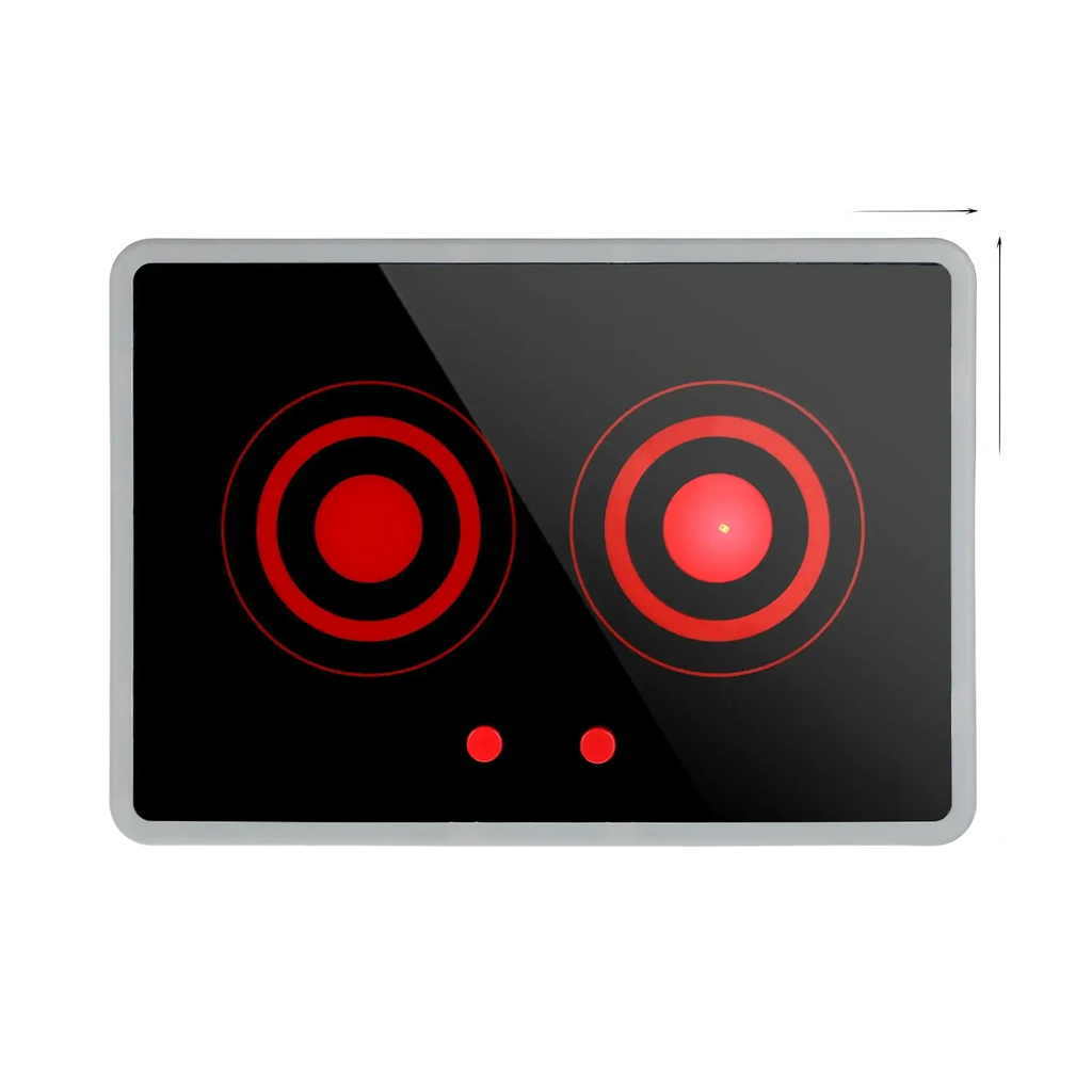 Black glass-top toy induction stove with sound and light featuring two red circular heating elements and a silver frame