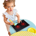Toy induction stove with sound and light featuring a black stovetop with red circular burners and gray edges