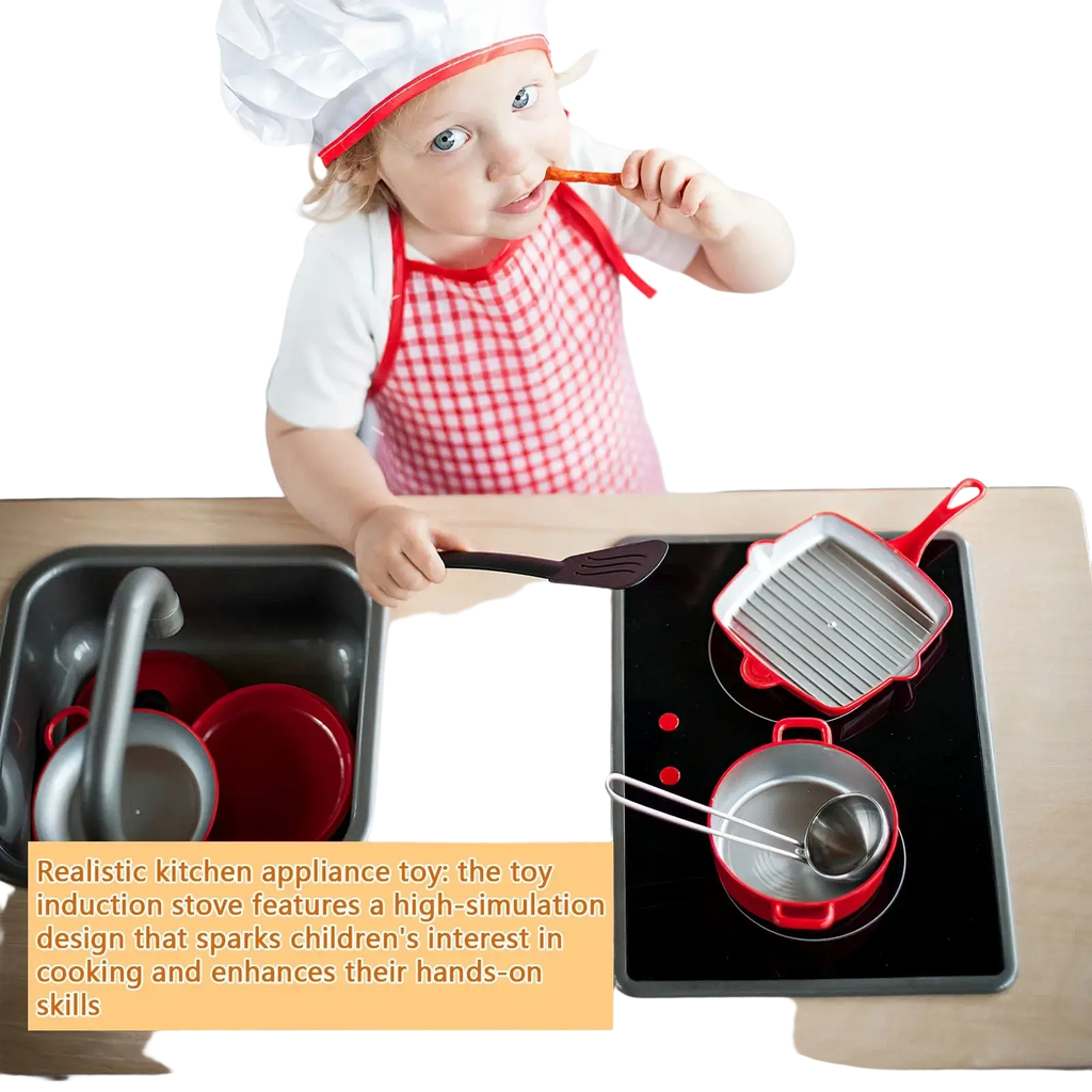 Red and silver toy induction stove with sound and light including a griddle pan and pot for pretend cooking play