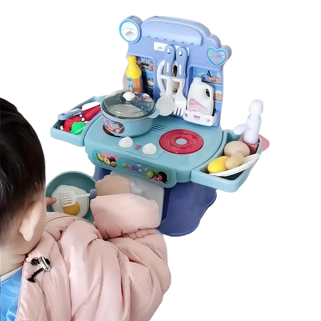 Blue plastic toy kitchen play set with red stovetop, lights, sounds, and assorted utensils for imaginative play