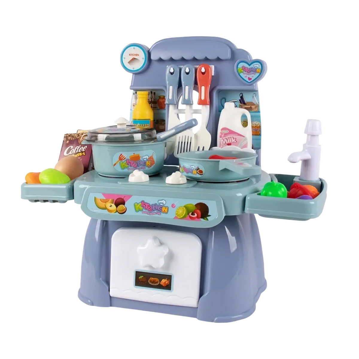 Light blue plastic toy kitchen play set with lights sounds white oven door and colorful fruit decals
