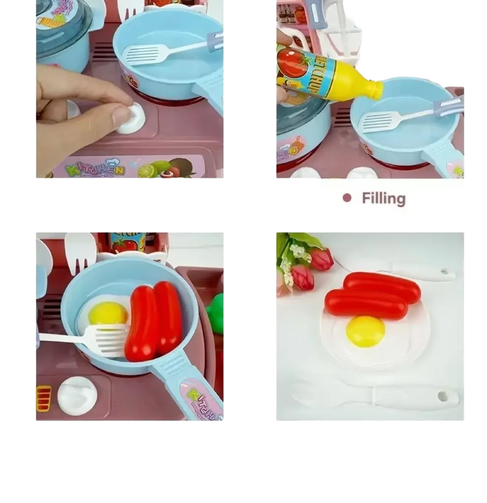 Light blue plastic toy cooking pot with white spatula and red handle from toy kitchen play set with lights sounds and food