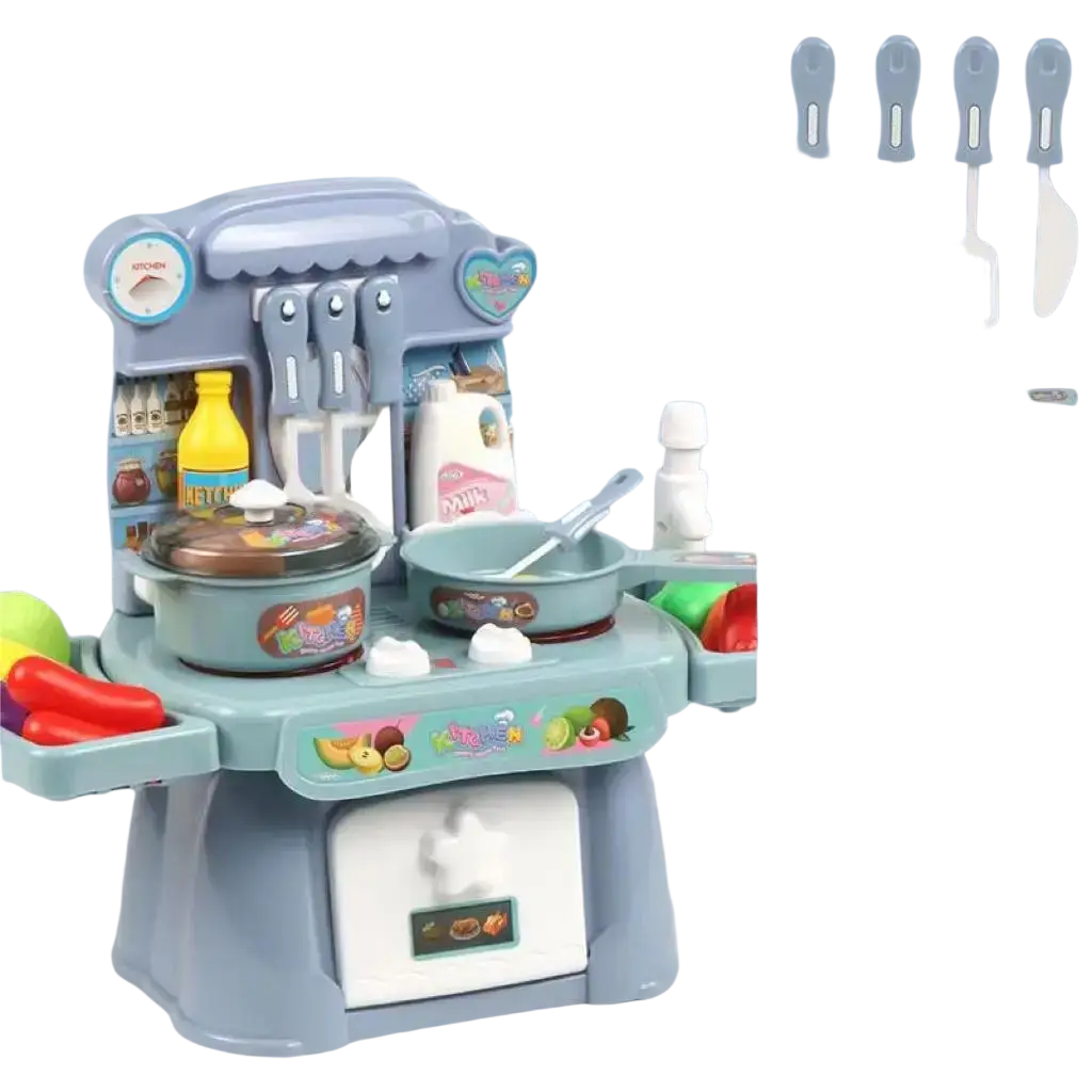 Light blue plastic toy kitchen play set with lights sounds and colorful food and utensil accessories for pretend play