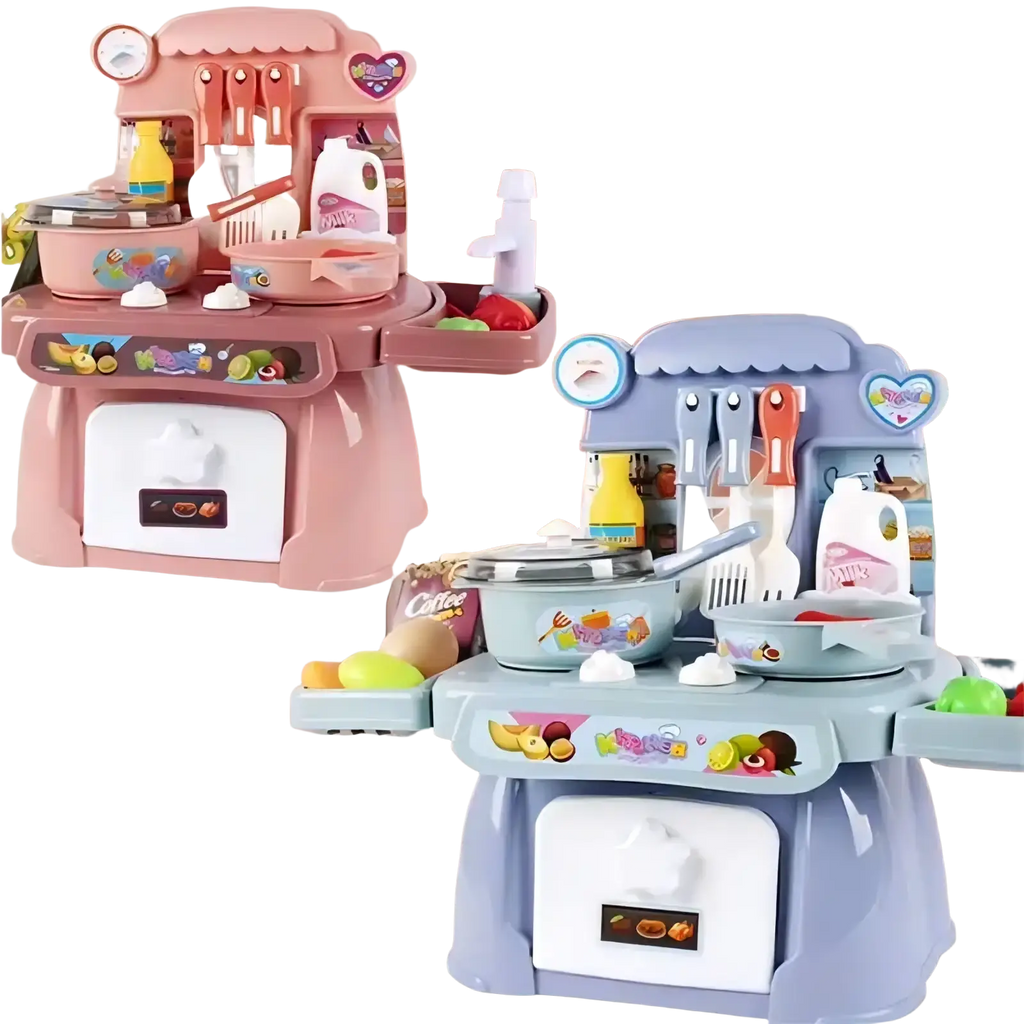 Toy kitchen play set with lights sounds and food featuring pink and lavender plastic kitchen sets with colorful utensils and fruit