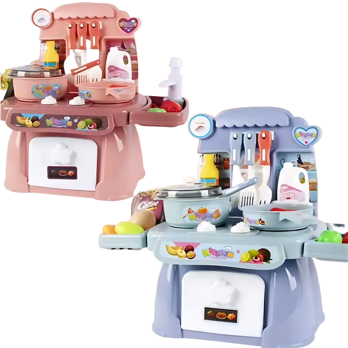 Toy kitchen play set with lights sounds and food featuring pink and lavender plastic kitchen sets with colorful utensils and fruit
