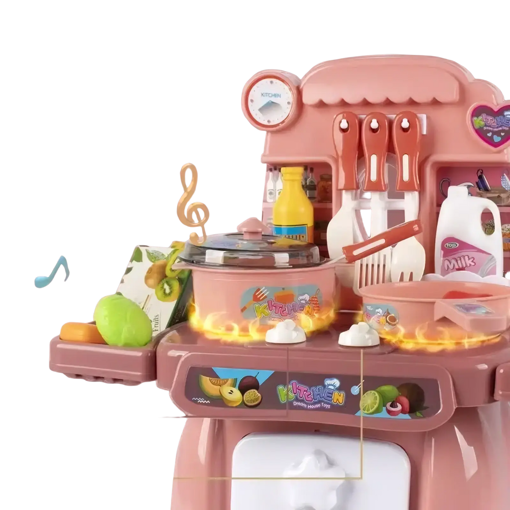 Toy kitchen play set with lights sounds and food featuring a pink plastic design orange utensils and colorful decals