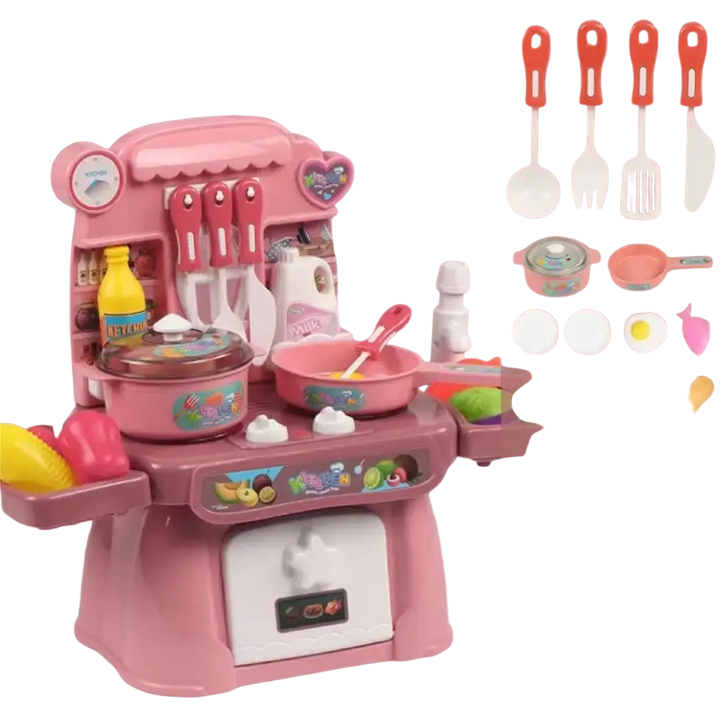 Pink plastic toy kitchen play set with lights sounds assorted utensils and food items for imaginative play