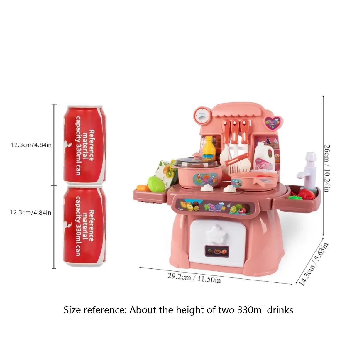 Pink plastic toy kitchen play set with white oven door lights sounds miniature utensils appliances and food items