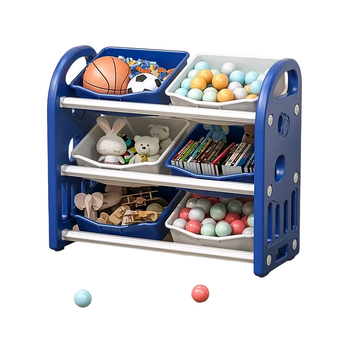 Blue plastic toy storage cabinet with three white tray tiers and handles for organized toy storage