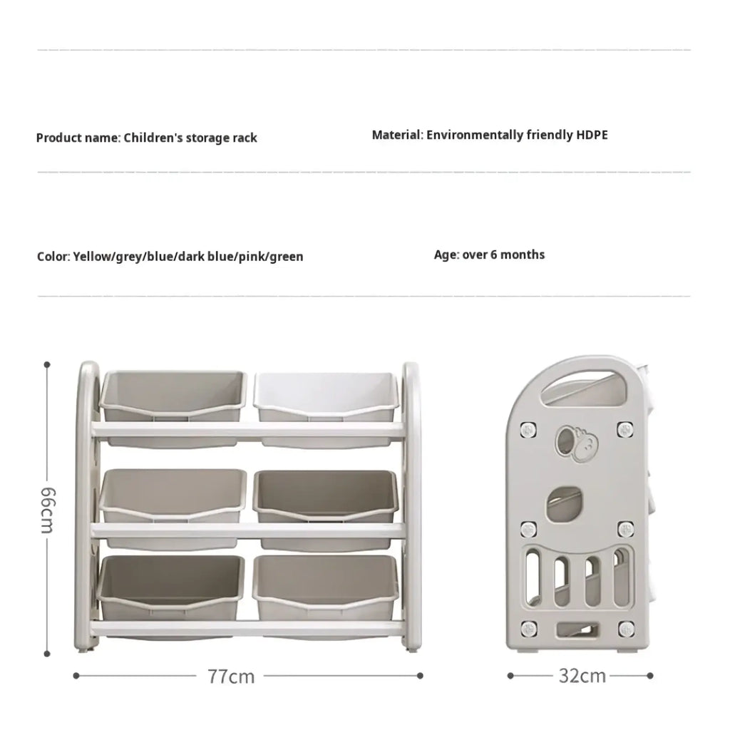 Gray plastic toy storage cabinet with three tiers holding six rectangular bins for children’s organization