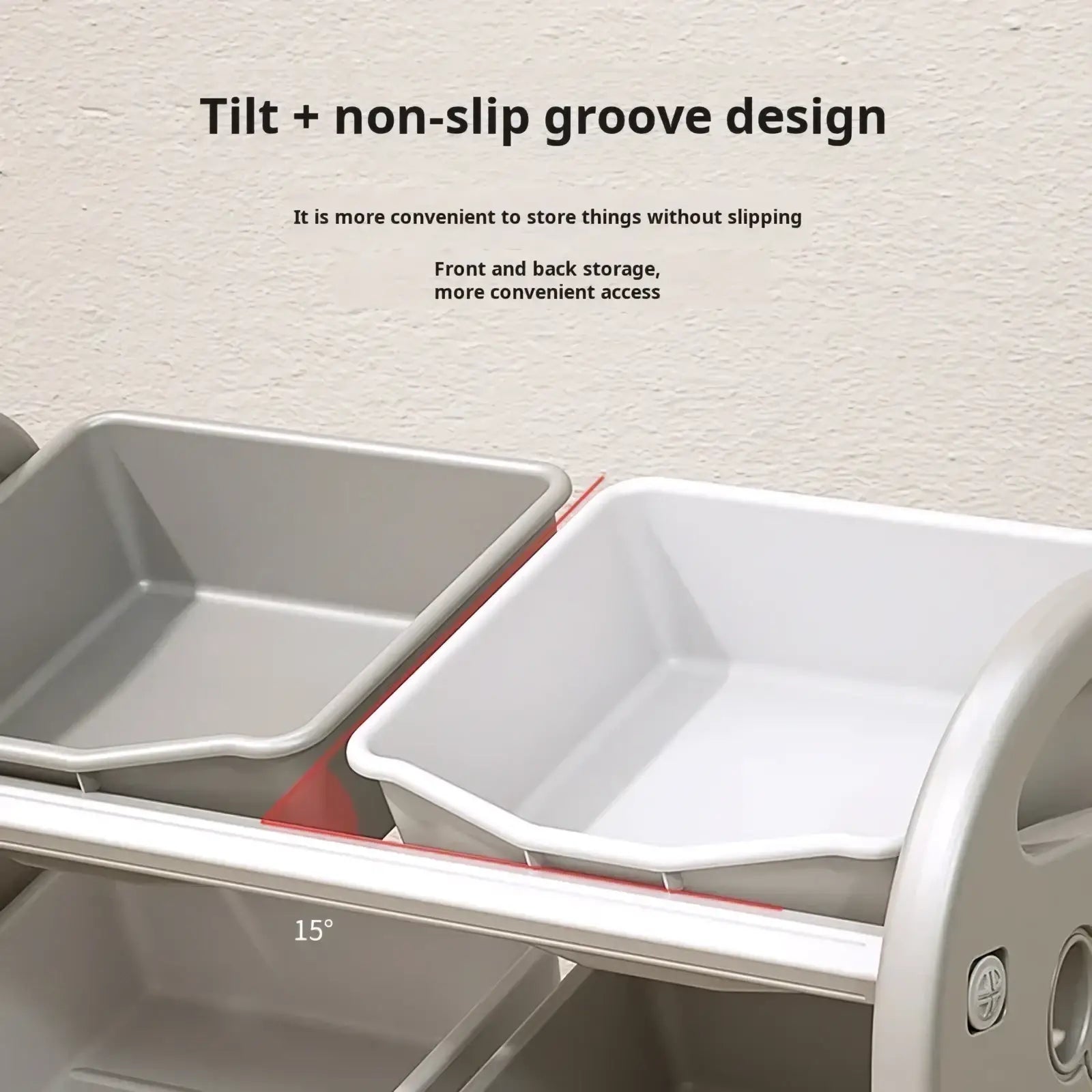Gray and white plastic storage bins with tilt and non-slip groove design in a toy storage cabinet 3 tier plastic organizer