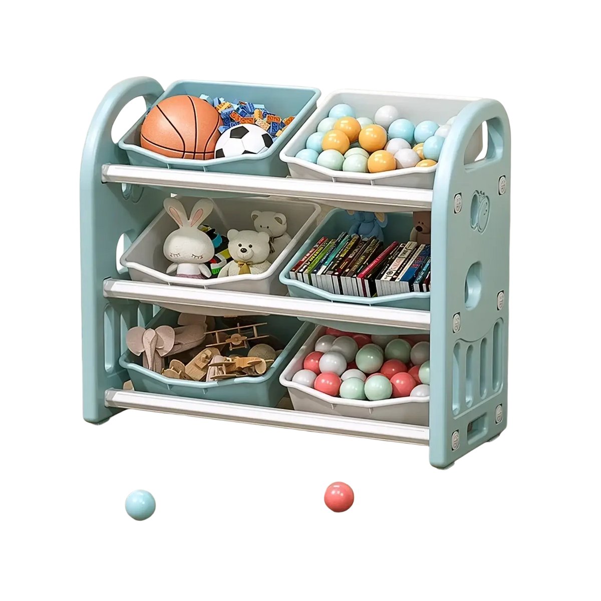 Light blue plastic toy storage cabinet 3 tier organizer with white accents and multiple compartments