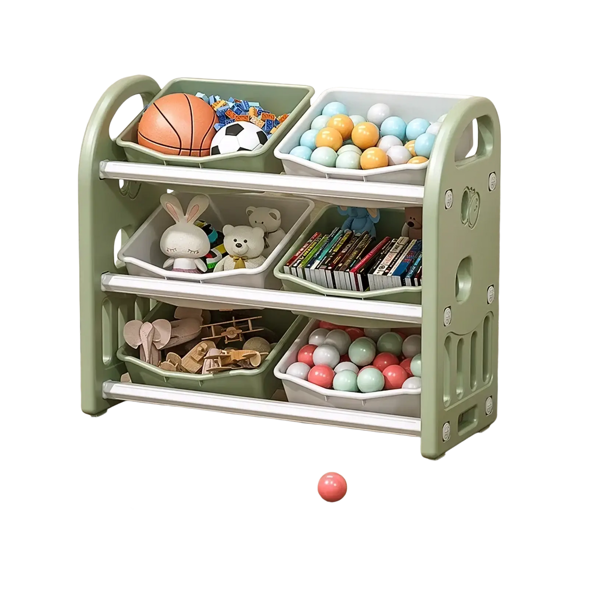 Mint green plastic toy storage cabinet with white-trimmed compartments holding balls books stuffed animals and sports gear