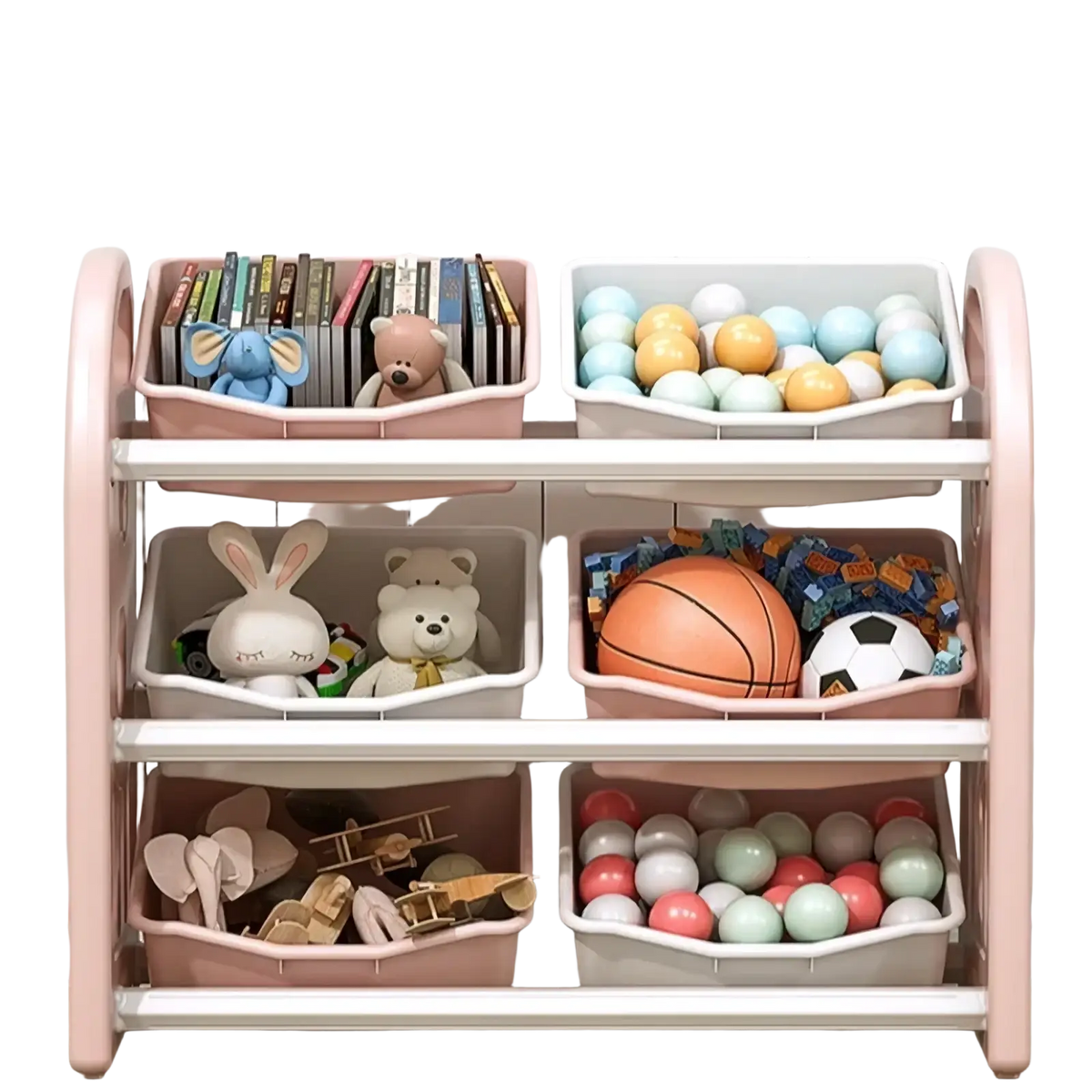 Pink plastic toy storage cabinet with three shelves holding colorful bins filled with stuffed animals and sports equipment
