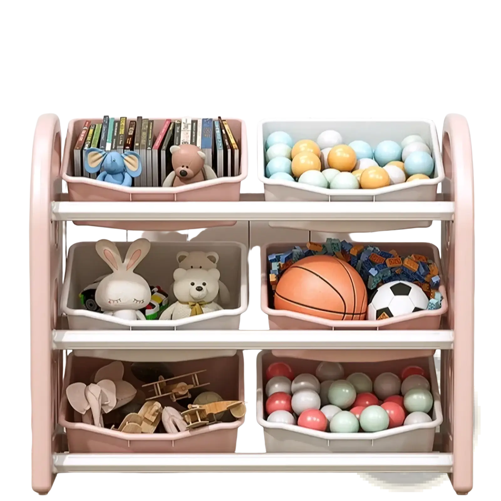 Pink plastic toy storage cabinet with three shelves holding colorful bins filled with stuffed animals and sports equipment