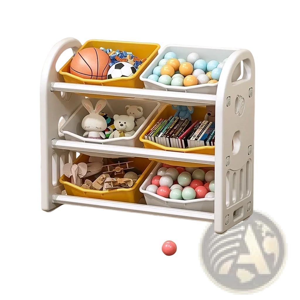 White and yellow plastic toy storage cabinet 3 tier organizer with shelves holding balls books and stuffed animals