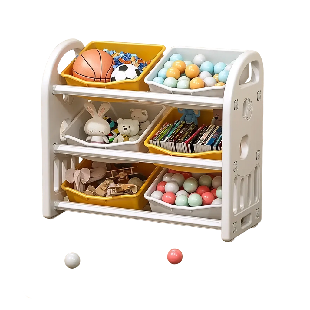 White and yellow plastic toy storage cabinet with three tiers and colorful bins holding balls books and stuffed animals