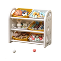 White and yellow plastic toy storage cabinet with three tiers and colorful bins holding balls books and stuffed animals