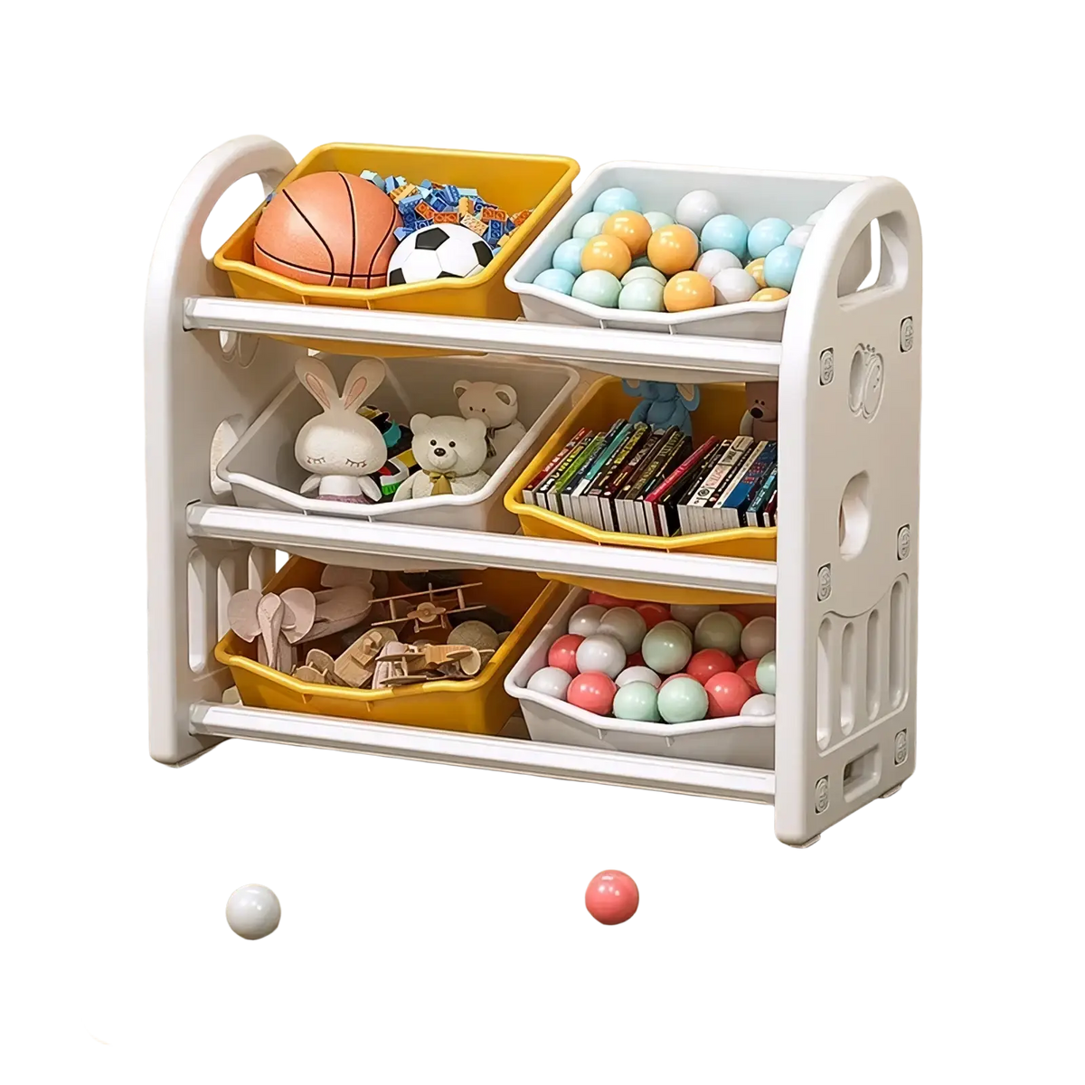 White and yellow plastic toy storage cabinet with three tiers and colorful bins holding balls books and stuffed animals