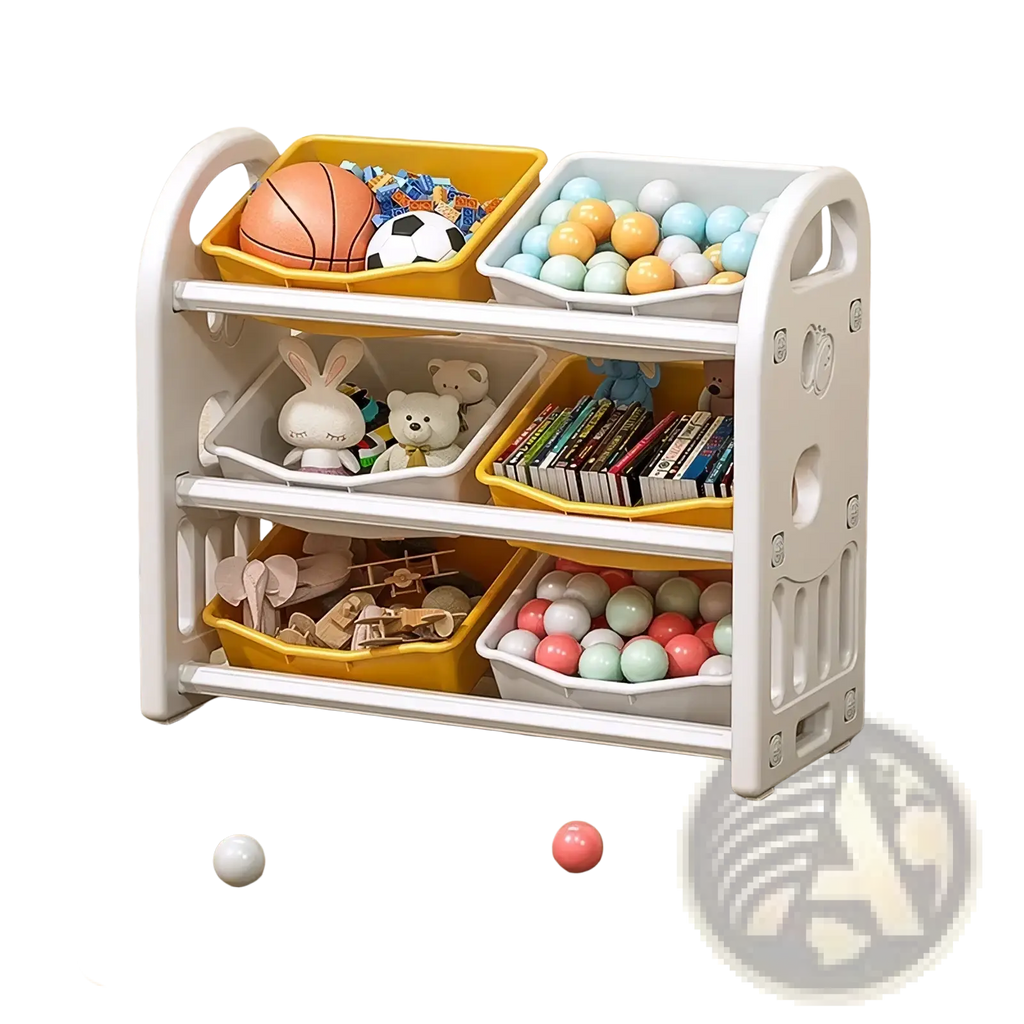 White and yellow plastic toy storage cabinet with three tiers and colorful bins holding balls books and stuffed animals