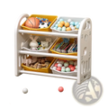 White and yellow plastic toy storage cabinet with three tiers and colorful bins holding balls books and stuffed animals