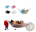 White mesh toy storage hammock corner net with diamond pattern shown in blue pink black and white colors