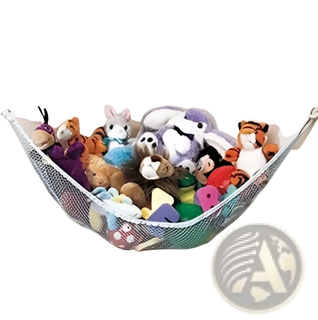 A white mesh corner storage hammock filled with colorful stuffed animals for toy organization