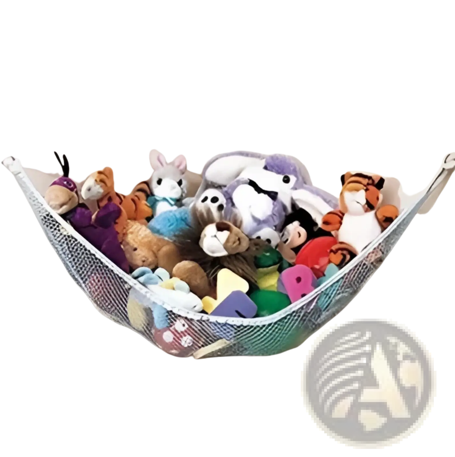 White mesh corner storage hammock filled with colorful stuffed animals for toy organization and display