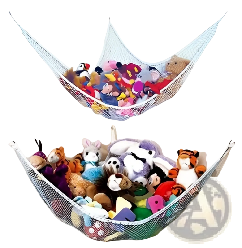 White mesh hammock-style toy storage net filled with colorful stuffed animals for corner organization