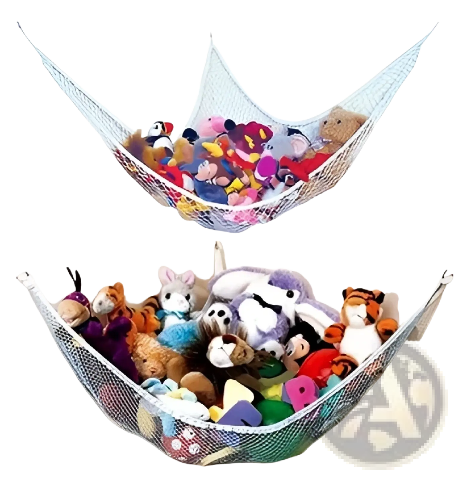 White mesh hammock-style toy storage net filled with colorful stuffed animals for corner organization